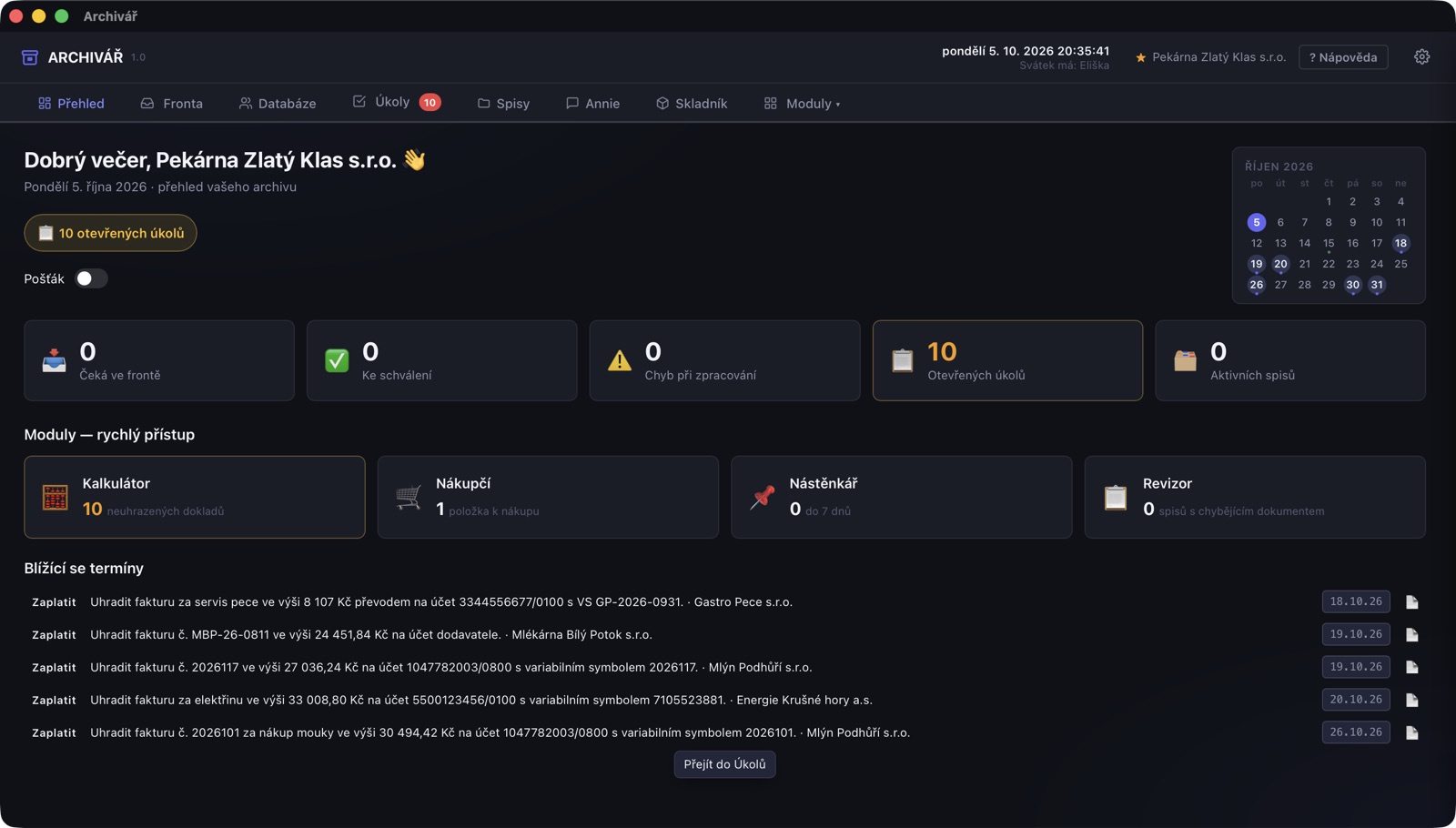 Archivář – přehled archivu dokumentů s AI tříděním