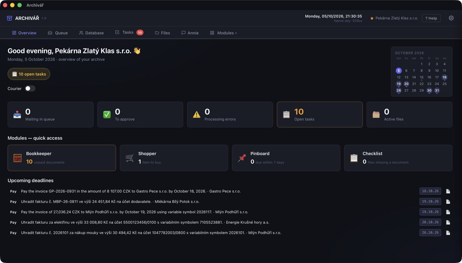 Overview: deadlines, tasks and modules in one place